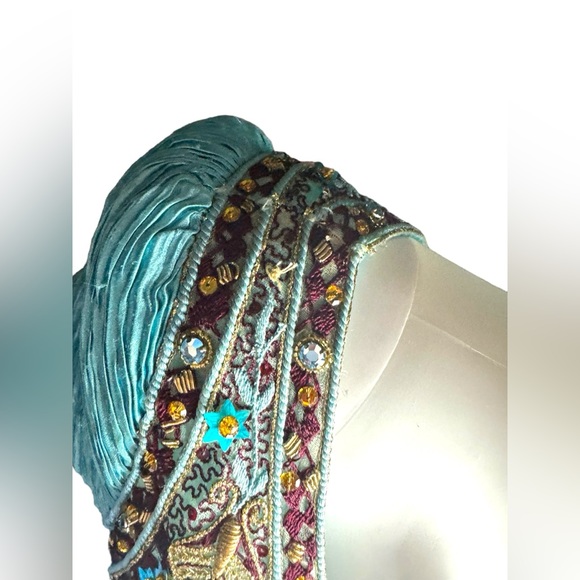 Mary McFadden Couture Long-sleeve Turquoise Pleated Accordion Gown - Picture 13 of 15